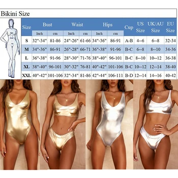 Seksi Sjajna Mimoza/Srebrno Metalik koža s okruglog izreza Bikini Kupaći kostim Kostim Plus Veličina Kupaćih kostima za žene Brazilski bikini