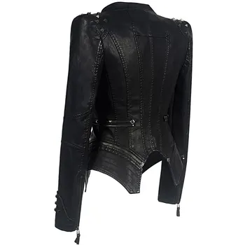Ženska crna укороченная jakna od umjetne kože,s dugim rukavima, tanke jakne sa zakovicama, umjetna koža, Punk-rock, 6xl, odjeća, jakna zip sa zakovicama