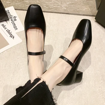 Lucyever 2021 Kvadratnom čarapa na petama Ured za radna obuća Za žene Klasične crne cipele na srednje potpetice Ženske cipele-brod od umjetne kože s remenom na щиколотке Udobna obuća