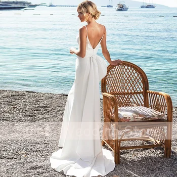 Špageti Remen od perli Satin plaža vjenčanica Sirena s V-neck, Luk Bijeli Boho s otvorenim leđima vjenčanica 2021 robe de mariée