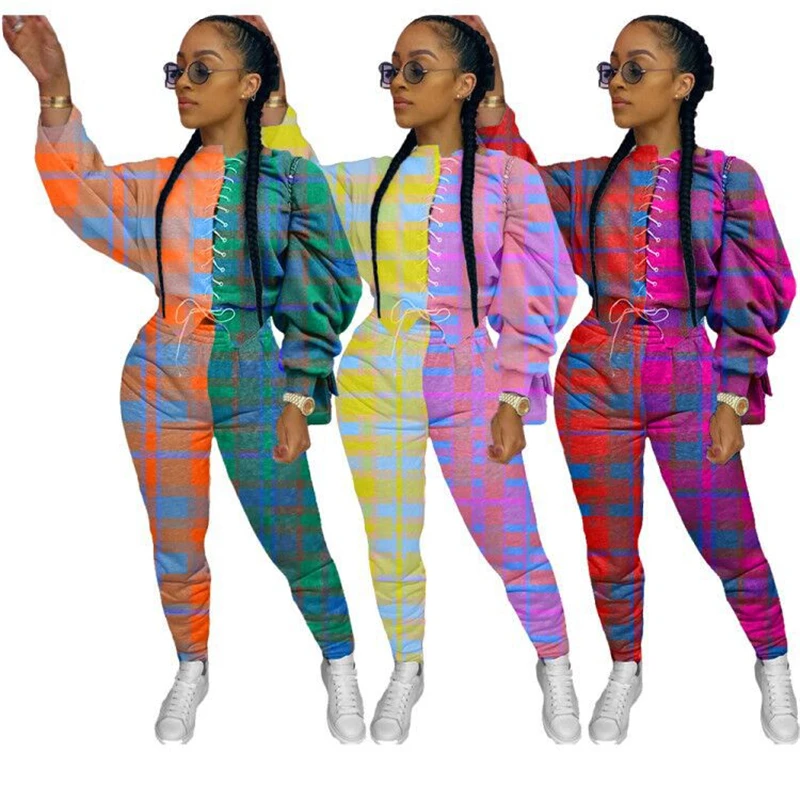 Jesenski odjeća za žene Komplet odjeće iz dva predmeta za jogging Top i hlače Ženske sportske setove kostim Kit kockast veste Veleprodaja Дропшиппинг Slika  1