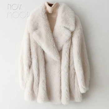 Novmoop Korejski stil high street donje zima toplo vune kaput od ovčje džep na zakopčane dekor cappotto di lana płaszcz LT2880