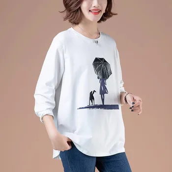 2021 Majica okruglog izreza, ženska jesenski košulja, dugi rukav, ženska t-shirt, slobodan korejski stil, Plus veličina, Prevelike ženske košulje