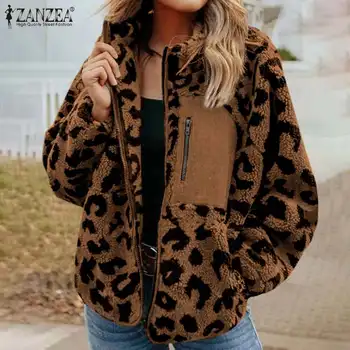 ZANZEA Modna ženska gornja odjeća s леопардовым po cijeloj površini Jesen zima dugih rukava Kolaž jakne Svakodnevne hoodies Pliš krzneni kaput