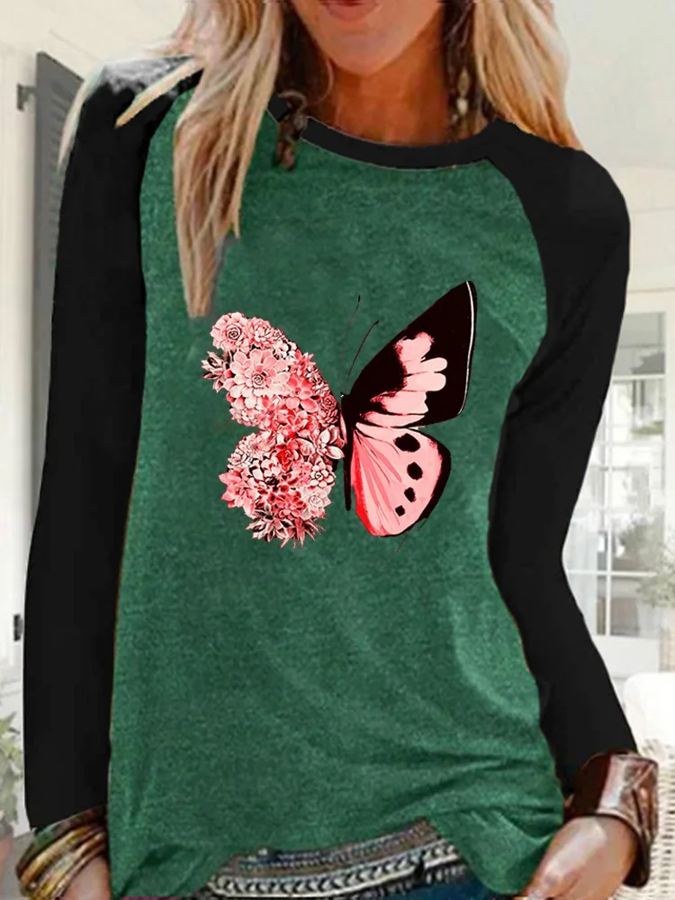 Ženska jesenski Svakodnevni kontrastne boje košulja, dugi rukav i po cijeloj površini leptir Free t-shirt Pulover Негабаритная majica Slika  0
