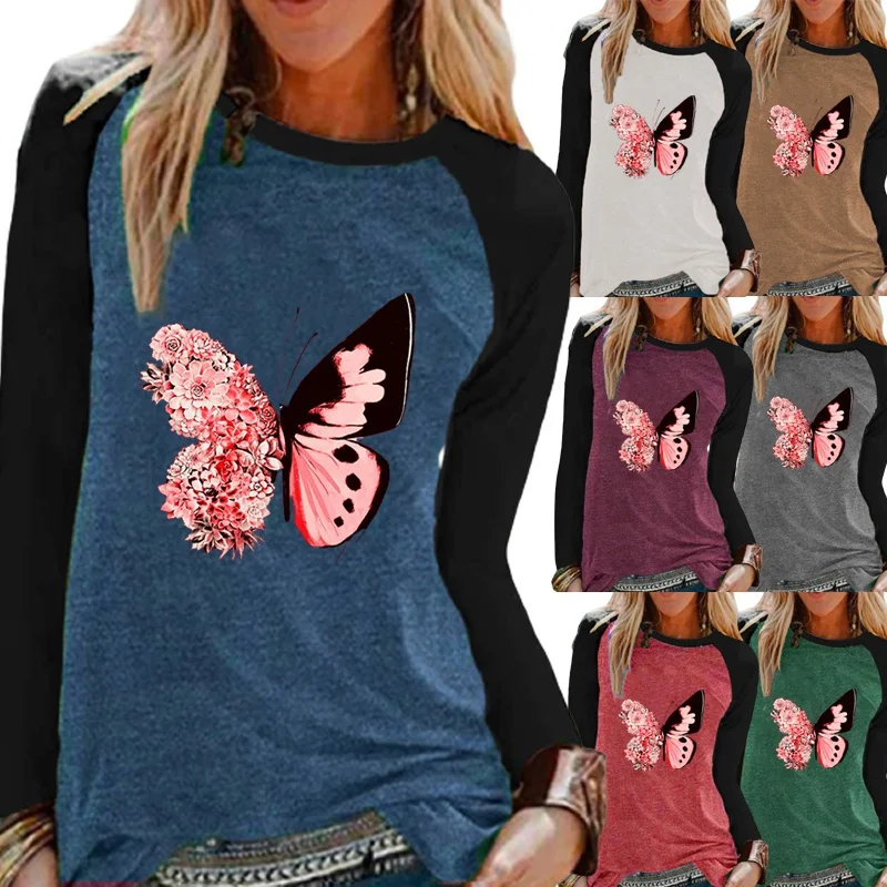 Ženska jesenski Svakodnevni kontrastne boje košulja, dugi rukav i po cijeloj površini leptir Free t-shirt Pulover Негабаритная majica Slika  1