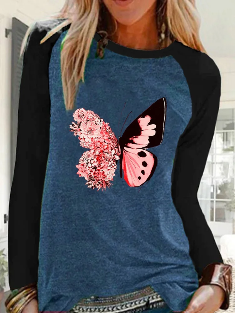 Ženska jesenski Svakodnevni kontrastne boje košulja, dugi rukav i po cijeloj površini leptir Free t-shirt Pulover Негабаритная majica Slika  2