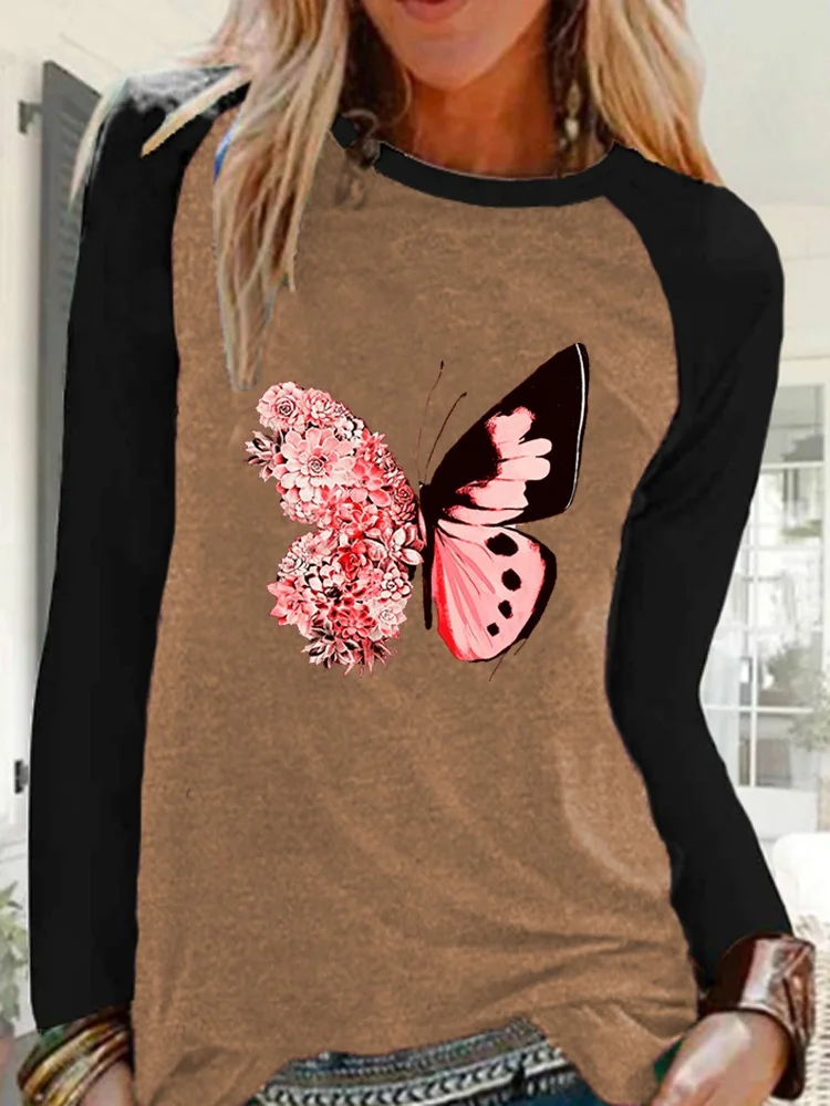 Ženska jesenski Svakodnevni kontrastne boje košulja, dugi rukav i po cijeloj površini leptir Free t-shirt Pulover Негабаритная majica Slika  3