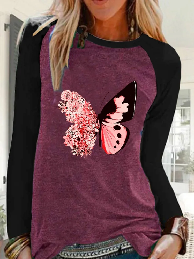 Ženska jesenski Svakodnevni kontrastne boje košulja, dugi rukav i po cijeloj površini leptir Free t-shirt Pulover Негабаритная majica Slika  4