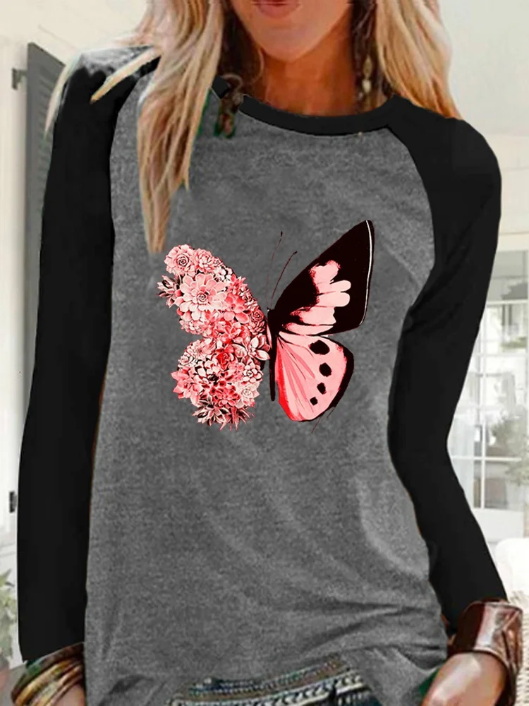 Ženska jesenski Svakodnevni kontrastne boje košulja, dugi rukav i po cijeloj površini leptir Free t-shirt Pulover Негабаритная majica Slika  5