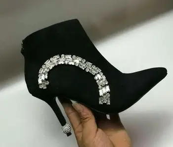Ботфорты proljeće-ljeto cipele s oštrim vrhom na tankom petu 9,5 cm sjajna kristalni nakit s urezima ženske mat čizme crne boje