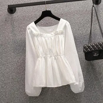 Plus Size Žene 2021 Jesen Nova Moda Tanka Vintage košulja Pulover Elegantan Top za studente Slatka Slatka Monotono ženska odjeća
