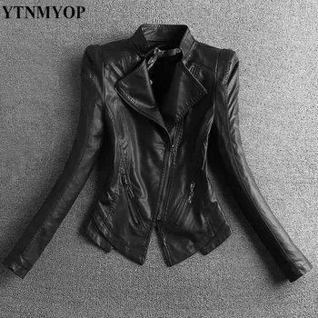 YTNMYOP Nova tanka crna kožna jakna Ženska Umjetna koža Plus Veličina S-4XL Ovratnik-satna Мотоциклетное kožni kaput