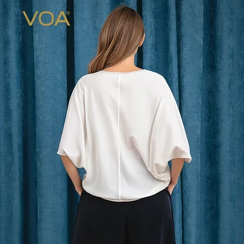 VOA 25 m/m Svile sa plavim vlaknima V-izrez u obliku oštrih rukavima običan bijeli t-shirt s palicom u obliku O B9015 Majica Harajuku Ženske t-Shirt majice