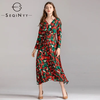SEQINYY Duga haljina 2020 Proljeće i Jesen Novi Modni dizajn Crvena hortenzija s po cijeloj površini V-neck, Elegantan haljinu za žene Visoke kvalitete