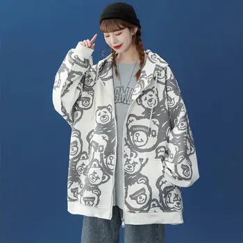 Svakodnevni slobodna jakna s po cijeloj površini crtani Medvjeda Ženski kaput s dugim rukavima 2021 Ženska Vintage odjeća Majice Prevelike jakne Vanjska odjeća