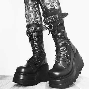 SaraIris INS Topla rasprodaja Crna čipka-up Kopča na zatvarač sa zakovicama Strme klinovi ženske cipele na platformu u stilu punk-goth Svakodnevni branded ženske cipele