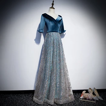 Велюровое večernja haljina s V-izrez i plavim rukavima do pola vrećice u patchwork stilu trapeznog oblika dužine do poda Plus veličina Pojedinačne večernjih haljina za žene 2020 R1279