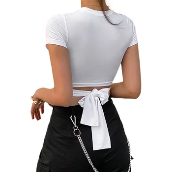 Ženski bijeli skraćene top kratkih rukava Ljetne majice za žene criss-Cross Majica okruglog izreza Top Povez Slim Fit Kratka majica