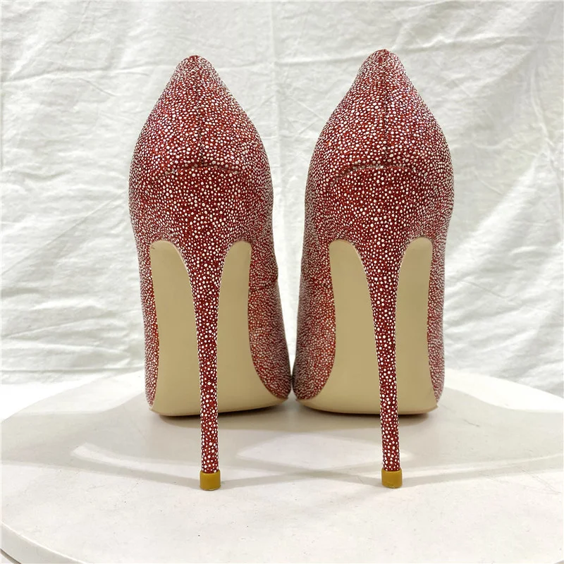 Crvene sjajne šljokice Ženske seksi cipele-brod na ukosnica s oštrim vrhom Sjajne cipele na visoku petu cipele za vjenčanje djeverušama Plus Veličine 45 LF030 ROVICIYA Slika  4