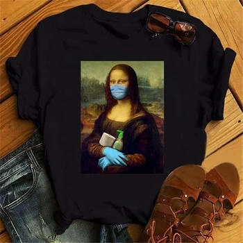 Maska Mona Lise Estetski majica Harajuku Ženska t-shirt Ulzang Vintage grafički t-shirt je Smiješno crtani film 90-ih Majica t-komadi Svakodnevne crne majice