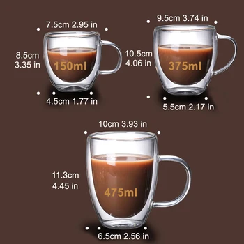 Set od 2 Stakla, prozirna šalica čaja s dvostrukim stijenkama, Čaše za vino s ručkom, Posuđe za viski, Kava mugs s mlijekom 250/375/475 ml