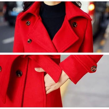 Engleska Za žene Crveno tanki dugački vune kaput Jakna Zona Modni двубортное vune kaput Gusta topla odjeća Jesen zima