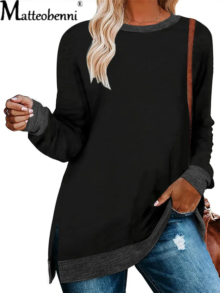 Jesenje žene Harajuku Boja Majica s tanjura Vintage Slobodne Svakodnevne Majice s okruglog izreza i dugi rukav Vanjski estetski Ženska majica Slika  3