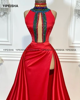 Yipeisha Trendy crvena haljina za prom s visokim ovratnikom, večernjih haljina s visokim prorezom, Duga атласное haljina za zabave, večernja haljina Vestido de Festa