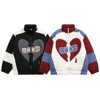 Zimske jakne na obloge Za muškarce u obliku slomljenog srca Pomoć odjeća Boju blok Šarenilo kaput u stilu hip-hop par Ulica Toplo parka Nova