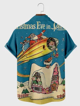 2021 Muška košulja kratkih rukava i lapels Velike veličine Božićno raketa s 3D ispis Muška majica s džepovima