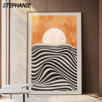 Apstraktni Geometrijski Narančasta Slike na platnu sa crnim bijele crte Zid Umjetnički plakat s likom Izlaska i Zalaska sunca za uređenje dnevnog boravka