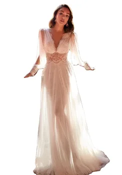 Europska i američka vanjska trgovina novi stil vjenčanicu sa dugim rukavima банкетное haljina s V-izrez čipkan сетчатое haljinu dugu suknju