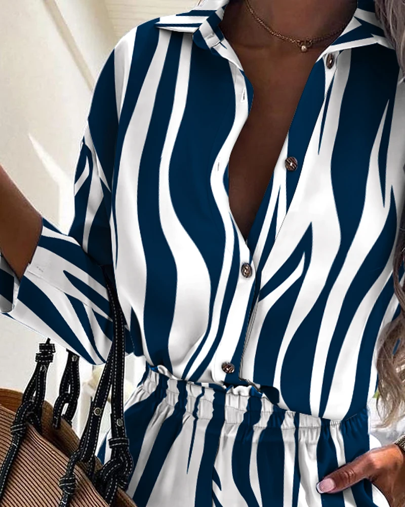2 kom. Ljetnih ženske Svakodnevne gumbe u bar Zebra Dizajn dugi rukav Casual majica i Kratke hlače za odmor Kit Elegantne kostime iz dva dijela Radna odjeća Slika  2