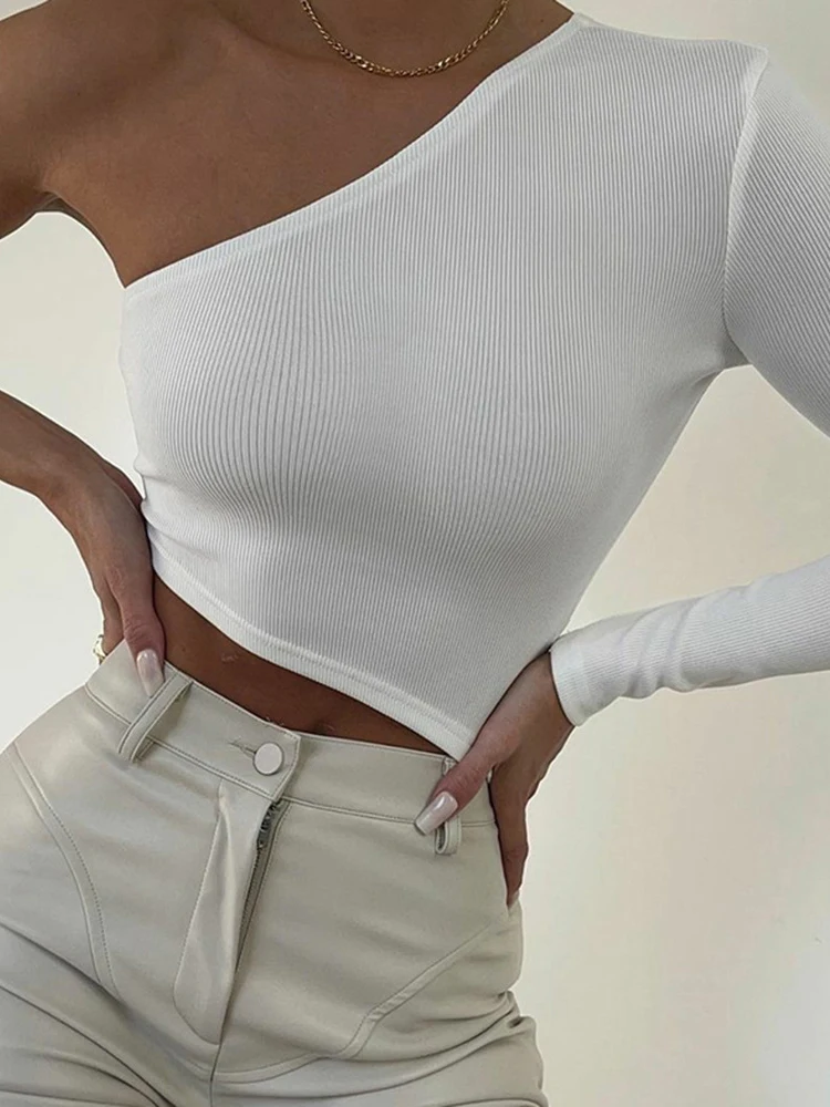 Kriptografski moda Na jedno rame Bijele pletene majice u ožiljak Elegantne odjeće Godišnje seksi odjeća s otvorenim leđima Y2K Vanjska odjeća Slika  0