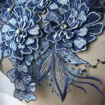 Tamno plava 3D Cvijet List Čipke Tkanine, Šljokice Gorski Kristal Vezeni Haljina Aplicirano Ovratnik Zašiti Krpa Za Vjenčanje Ukras DIY