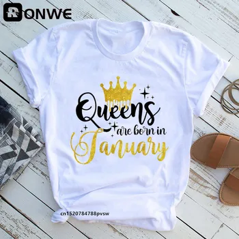 Zlatna Kruna Kraljice Su Rođeni Od Siječnja Do Prosinca T-Shirt S Grafičkim Po Cijeloj Površini Ženska Odjeća Majica Femme Rođendanski Poklon Majice