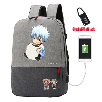 Japan anime Гинтама ruksak protiv krađe punjenje putem USB-a za muškarce platna ruksak za prijenosno računalo Putnu torbu torba za učeničke knjige, školske torbe