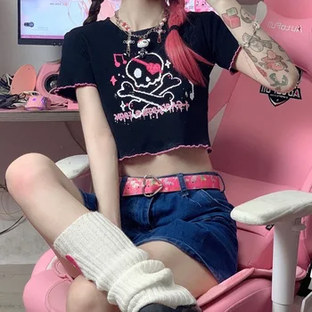 Inscutee Fairycore Slatka Slatka dječja majica Za žene Harajuku Hip-hop Y2k E-djevojka sa po cijeloj površini kostura Kawai Anime-neck Majice s kratkim rukavima