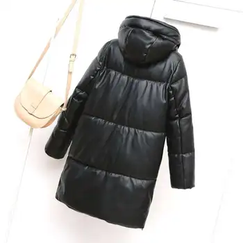 S kapuljačom Vodootporne umjetna umjetna koža Duga zimska jakna Ženska moda Black toplo prošiven kaput pamučne jakne i sakoi C7685