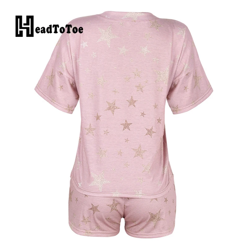 Zvijezde Print kratkih rukava V-neck t-Shirt Majice i džepni dizajn Gaćice sa žice Kit Za žene Set od dva komada za odmor Slika  3