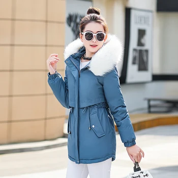 Ženska zimska jakna sa pamučnom postavom ISMEN, korejski stil, veliki krzna ovratnik s kapuljačom, duge pamučne parkovi, topla slobodna odjeća za žene