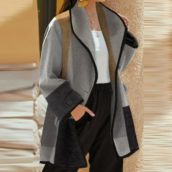 2021 Nova ženska moda Jesen zima Checkered slobodno vune kaput s odbačenost ovratnikom i dugim rukavima Ženska gornja odjeća u Patchwork stilu Vanjska odjeća