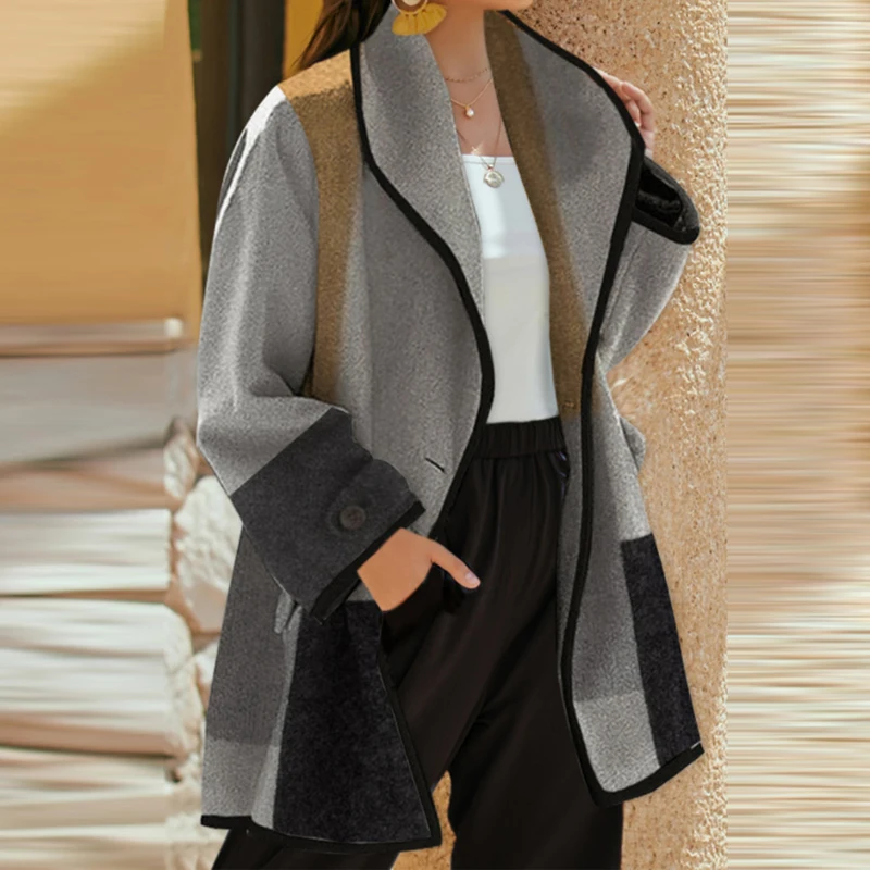 2021 Nova ženska moda Jesen zima Checkered slobodno vune kaput s odbačenost ovratnikom i dugim rukavima Ženska gornja odjeća u Patchwork stilu Vanjska odjeća Slika  0