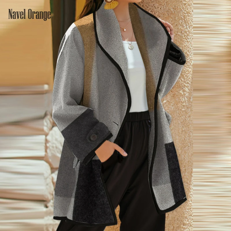 2021 Nova ženska moda Jesen zima Checkered slobodno vune kaput s odbačenost ovratnikom i dugim rukavima Ženska gornja odjeća u Patchwork stilu Vanjska odjeća Slika  3