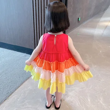 2021 Slatka haljina za djevojčice za djevojčice 3-8 godina s okruglog izreza, svijetle haljine za djecu, bez rukava, haljina princeze s ruffles, Dječja odjeća