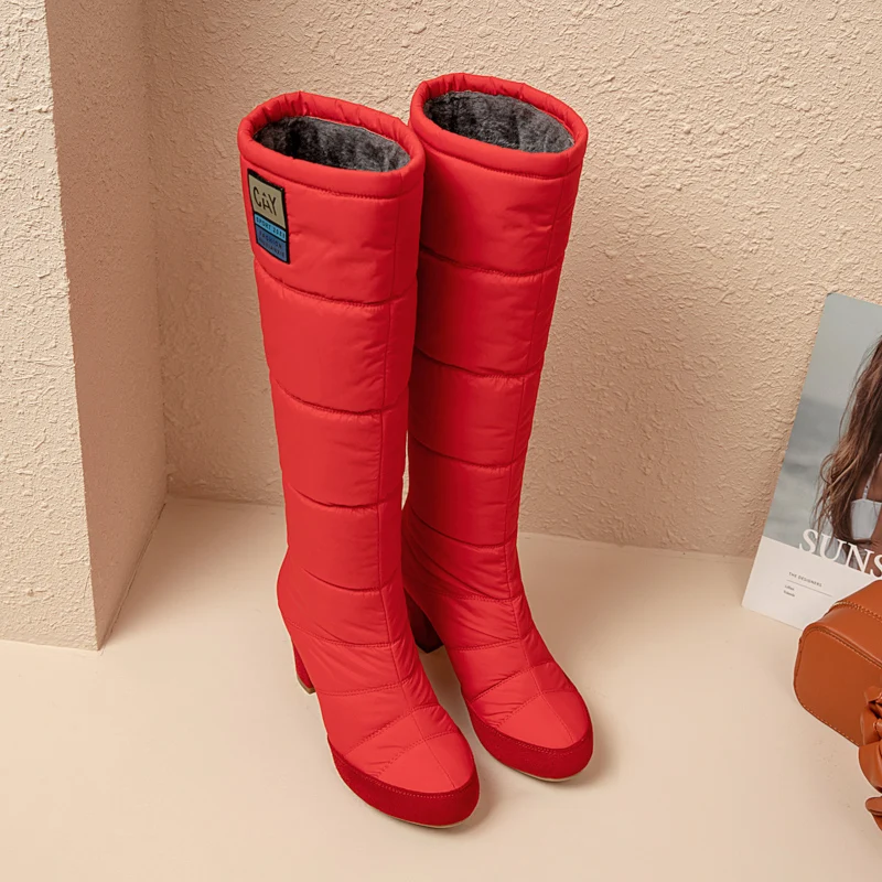 Tople zimske cipele s debelim petama od tkanine na debelom petu Vodootporne platforma Plave svakodnevne čizme do koljena Crvena zimska ženska obuća Slika  2