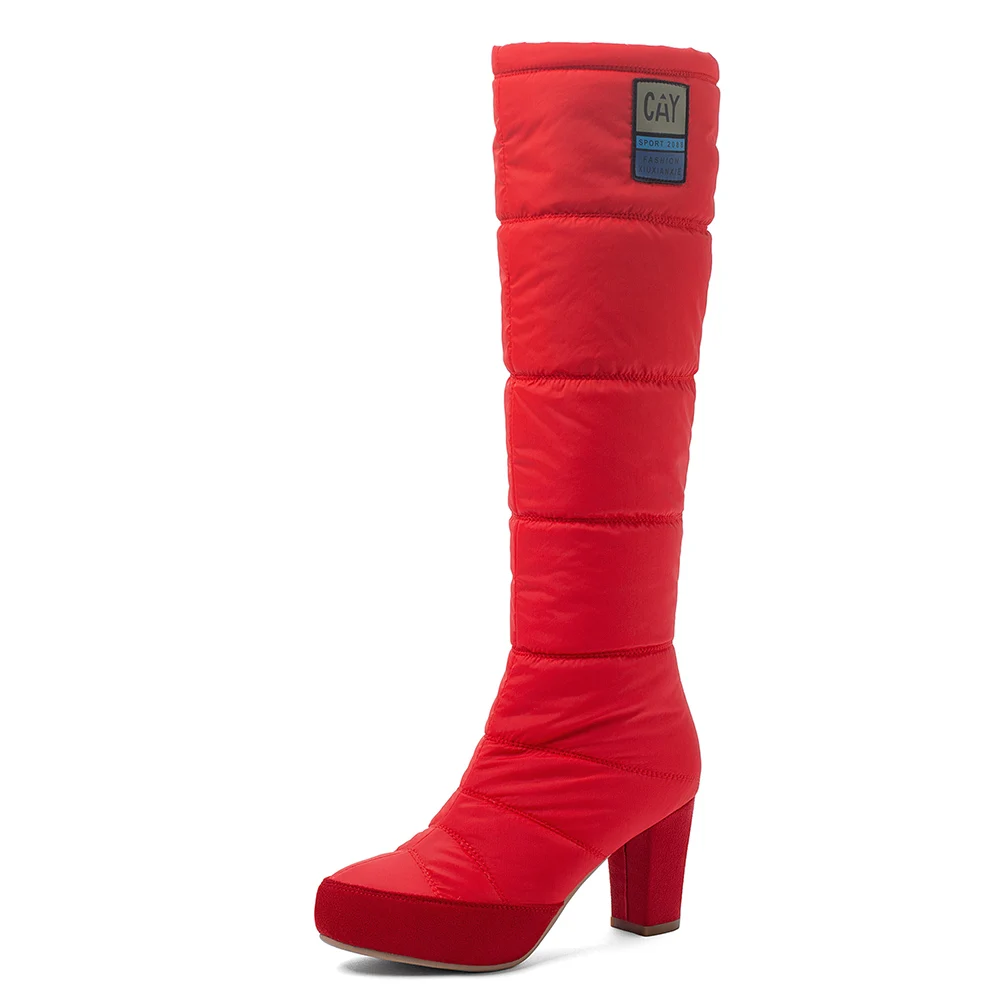 Tople zimske cipele s debelim petama od tkanine na debelom petu Vodootporne platforma Plave svakodnevne čizme do koljena Crvena zimska ženska obuća Slika  5