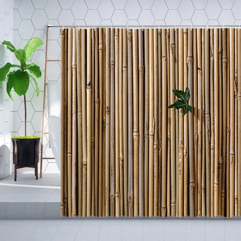 Green Bamboo Zavjese Za Tuširanje Biljke Stablo Javorov List Drvena 3D Ispis Dekoracija Zidova Kupaonica Poliester Zavjese Skup S Kukicama