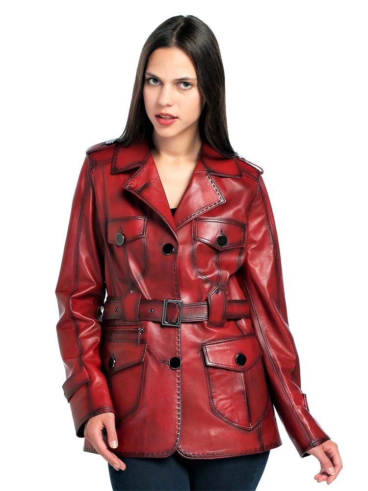 Prirodna blaga Kožnu jaknu od Ovčje Kože Ručne izrade Ženski Crveno-roza plašt Ženski Prirodni Krzno Na red u matrični stilu Jakne Slika  1